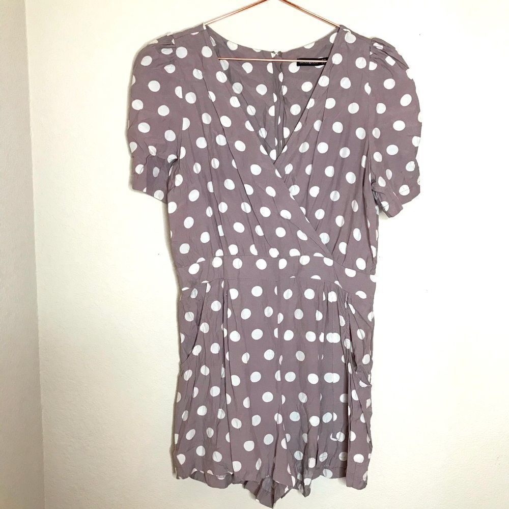 Atmosphere purple puff sleeve polka dot romper